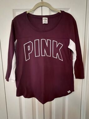 PINK Victoria's Secret Burgundy 3/4 Sleeve Tee with White Accents